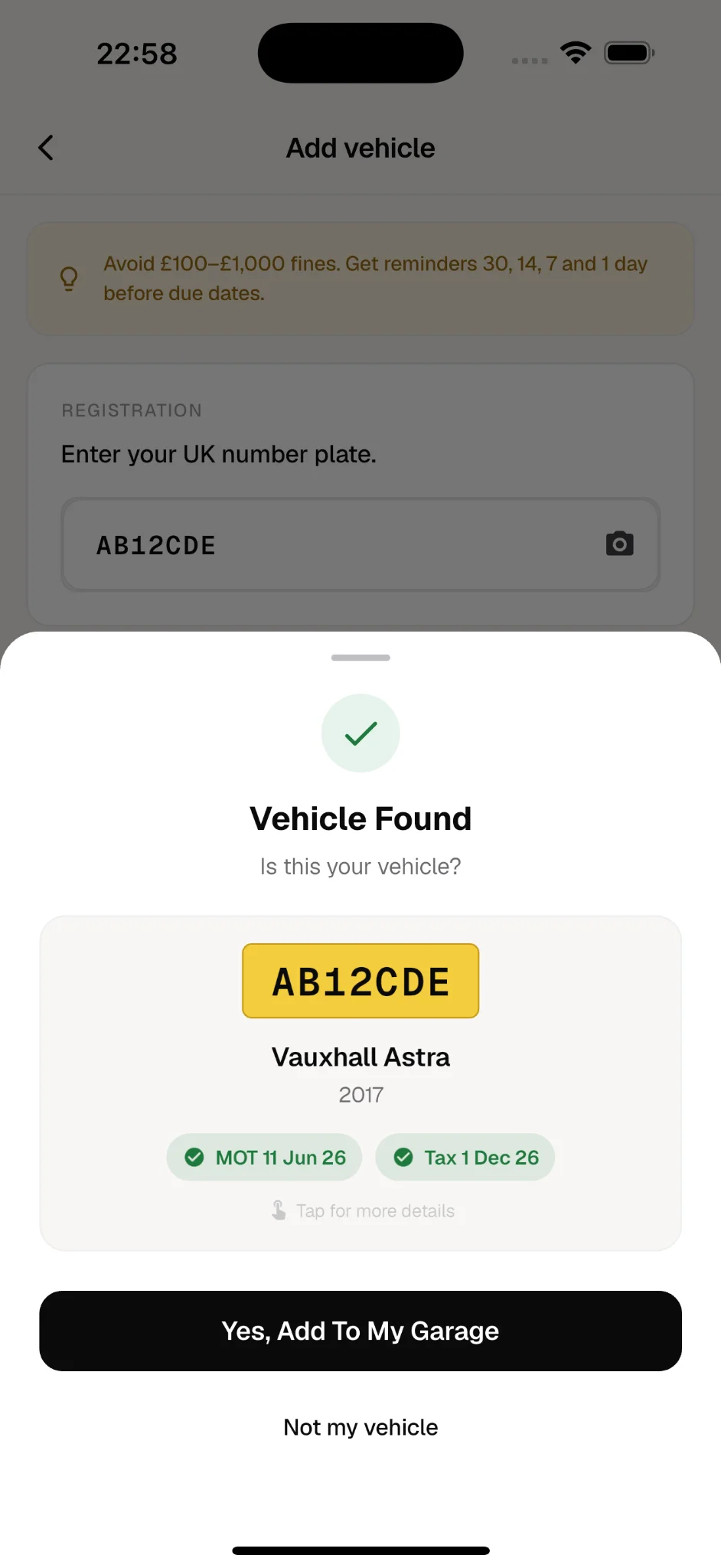 Add vehicle confirmation showing reminders at 30, 14, 7 and 1 day before due dates