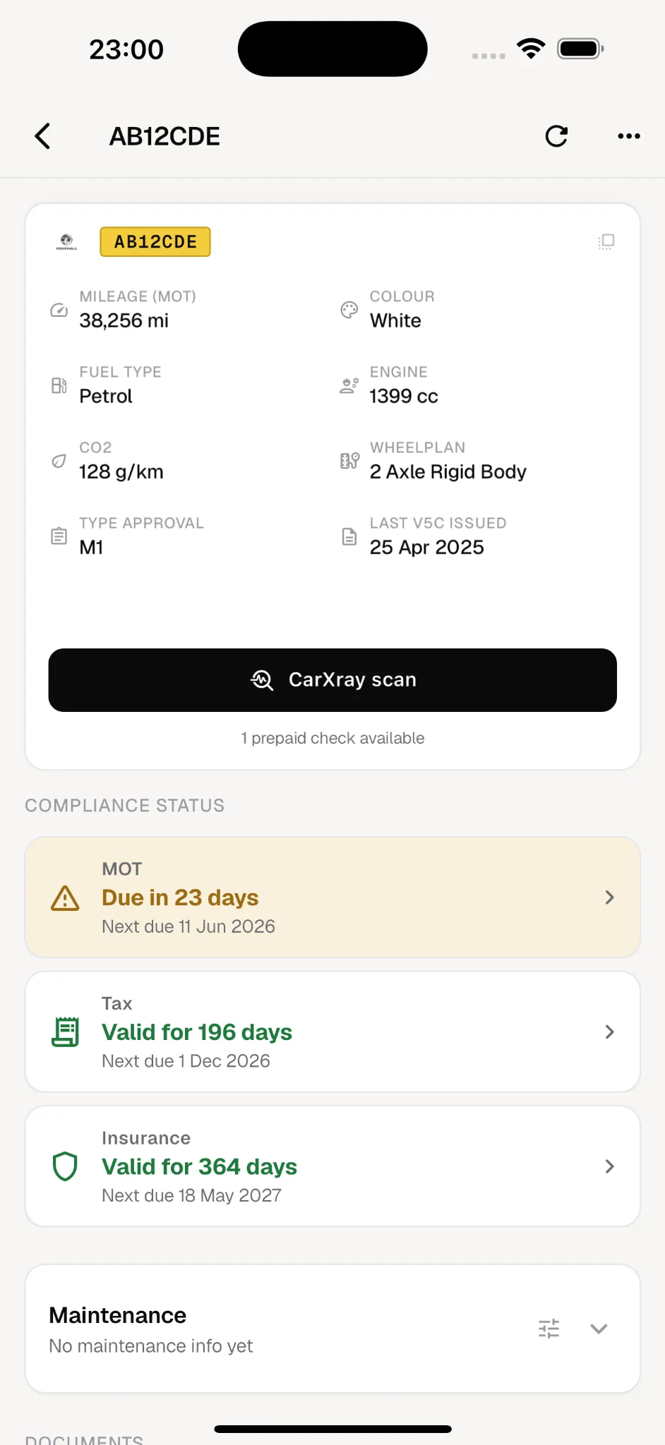 Vehicle details showing compliance status for MOT, tax, and insurance