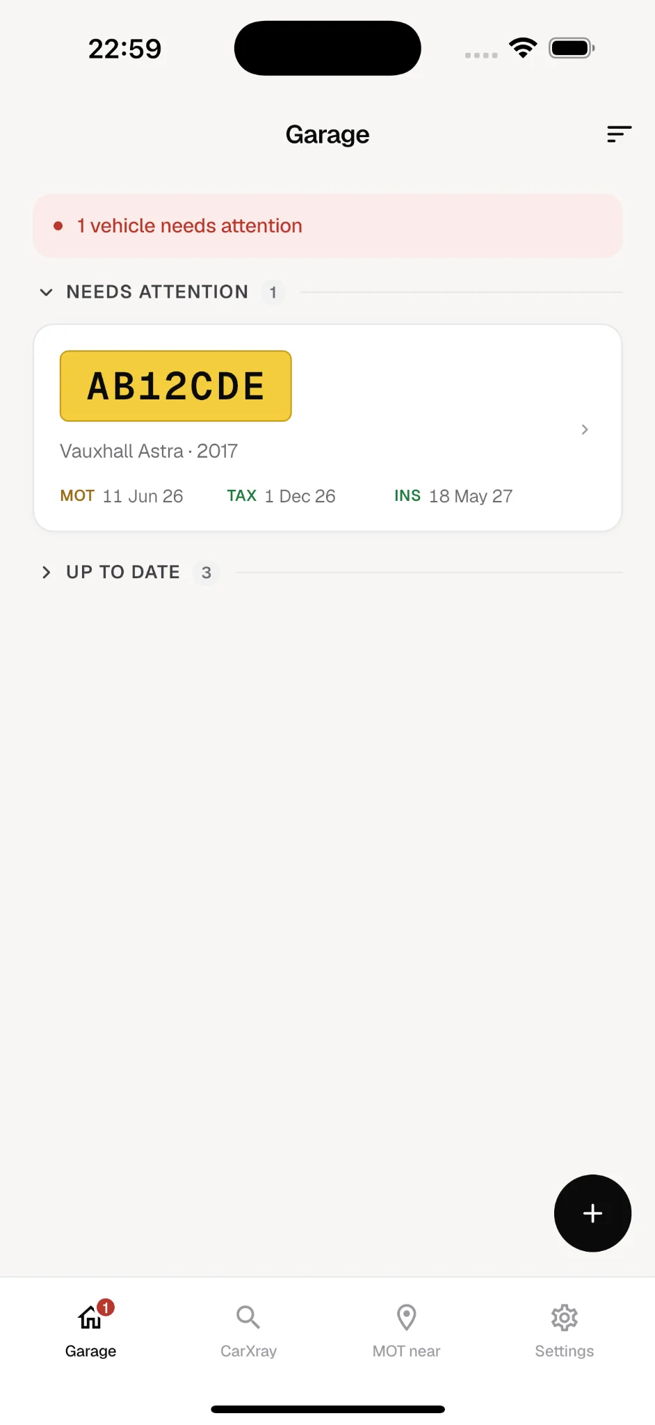 AutoMate AI garage screen showing vehicle compliance status