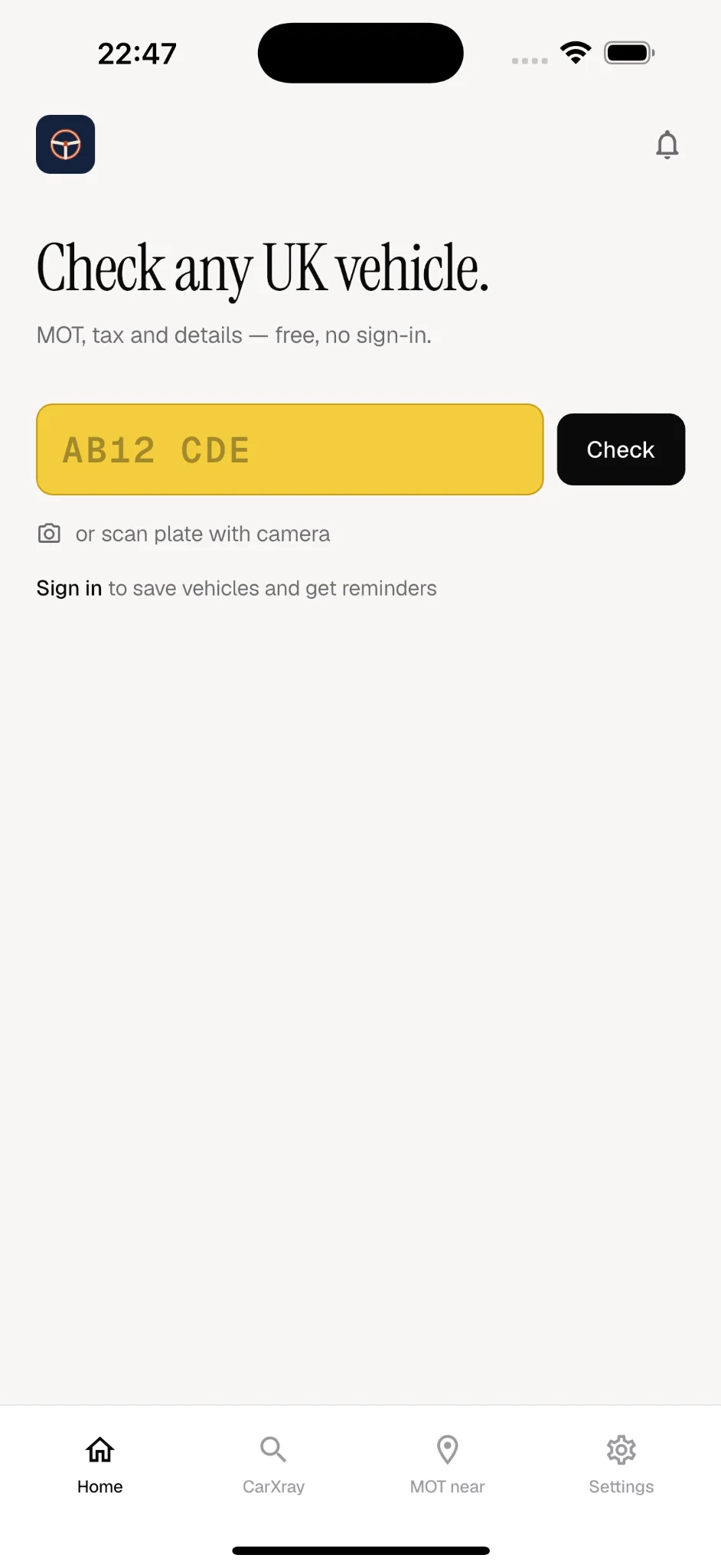 Instant DVLA lookup screen showing the AutoMate AI plate check