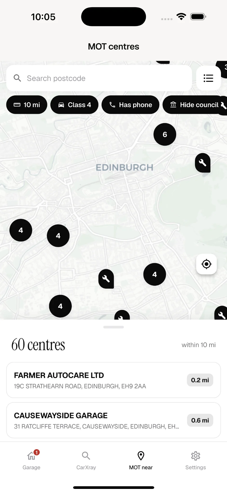 MOT centres map showing DVSA test stations near Edinburgh with distance filters